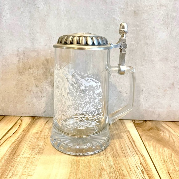 Etched German Stein. Beer Glass w/ Pewter Lid. oh Made in Germany. Fish Design - Picture 1 of 9